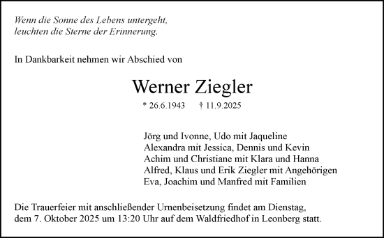 Traueranzeige von Werner Ziegler von Leonberger Kreiszeitung / Strohgäu Extra