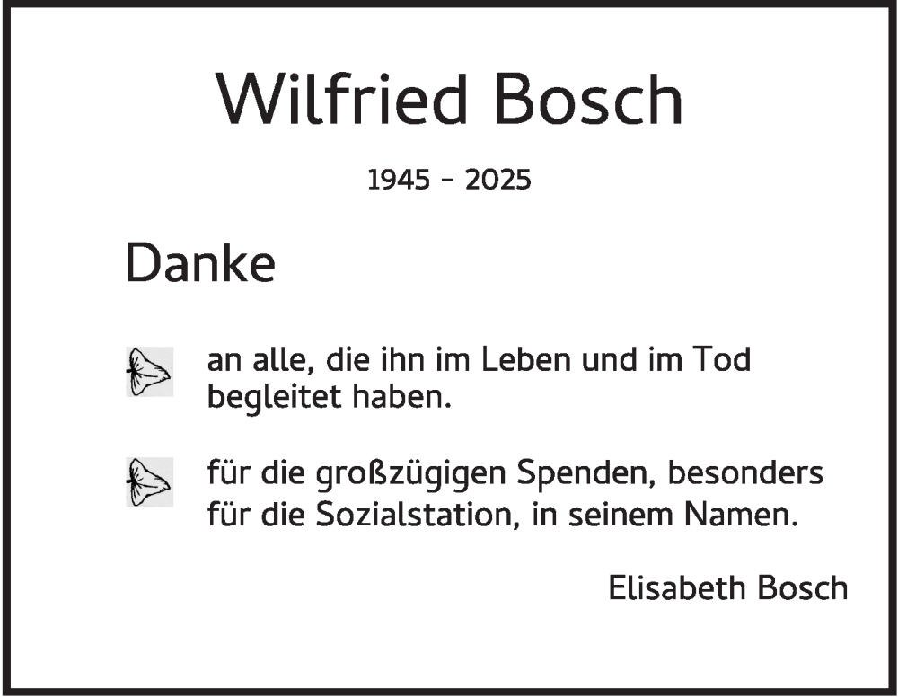  Traueranzeige für Wilfried Bosch vom 06.09.2025 aus Leonberger Kreiszeitung / Strohgäu Extra