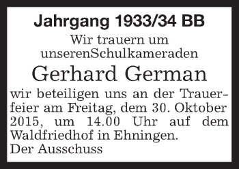 Traueranzeige von Gerhard German von Kreiszeitung Böblinger Bote