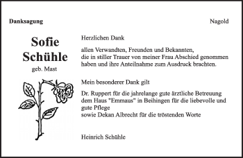Traueranzeige von Sofie Schühle von Kreiszeitung Böblinger Bote