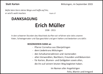 Traueranzeige von Erich Müller von Kreiszeitung Böblinger Bote