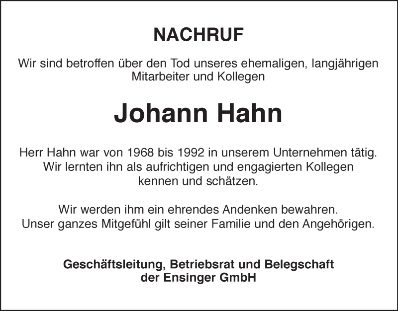  Traueranzeige für Johann Hahn vom 06.10.2015 aus Kreiszeitung Böblinger Bote