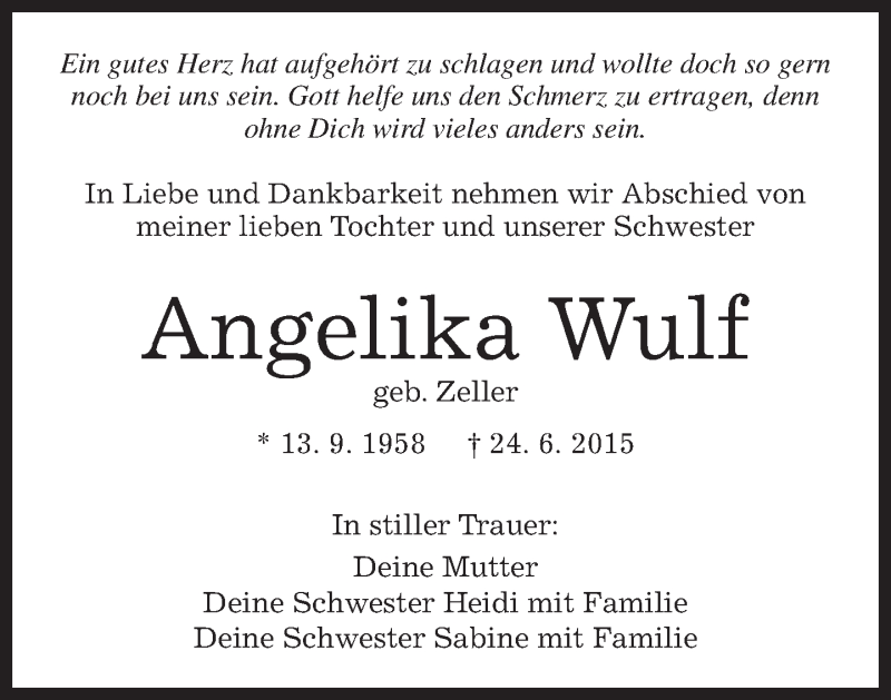  Traueranzeige für Angelika Wulf vom 29.06.2015 aus Kreiszeitung Böblinger Bote