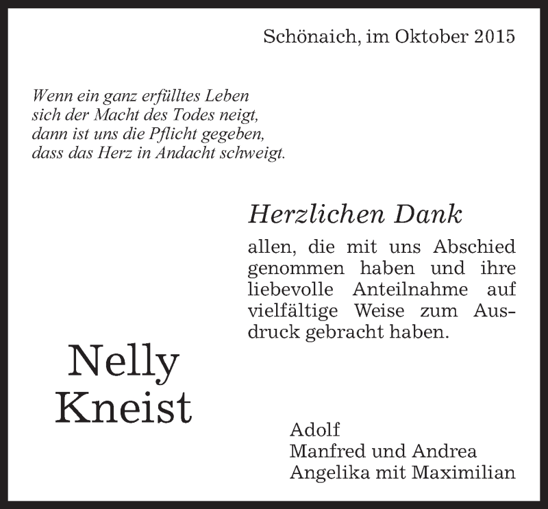  Traueranzeige für Nelly Kneist vom 05.10.2015 aus Kreiszeitung Böblinger Bote