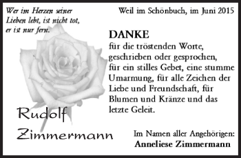 Traueranzeige von Rudolf Zimmermann von Kreiszeitung Böblinger Bote
