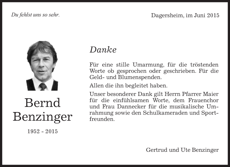  Traueranzeige für Bernd Benzinger vom 27.06.2015 aus Kreiszeitung Böblinger Bote