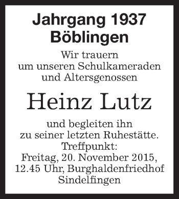 Traueranzeige von Heinz Lutz von Kreiszeitung Böblinger Bote