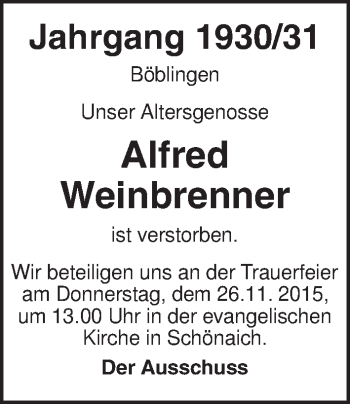 Traueranzeige von Alfred Weinbrenner von Kreiszeitung Böblinger Bote