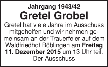 Traueranzeige von Gretel Grobel von Kreiszeitung Böblinger Bote