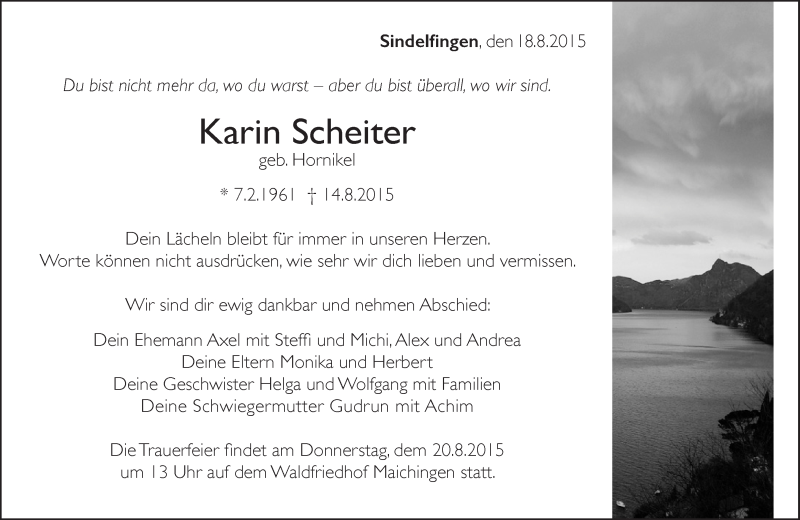 Traueranzeige für Karin Scheiter vom 18.08.2015 aus Kreiszeitung Böblinger Bote
