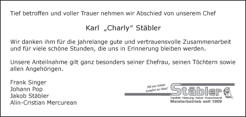  Traueranzeige für Karl Stäbler vom 29.10.2015 aus Kreiszeitung Böblinger Bote