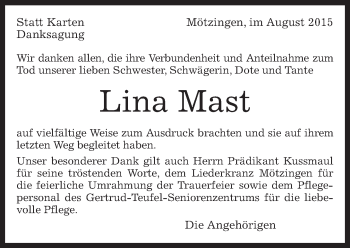 Traueranzeige von Lina Mast von Kreiszeitung Böblinger Bote