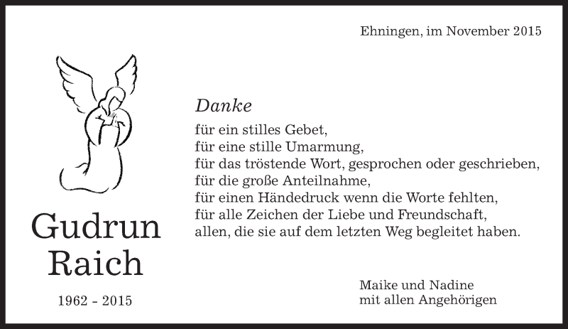  Traueranzeige für Gudrun Raich vom 03.11.2015 aus Kreiszeitung Böblinger Bote