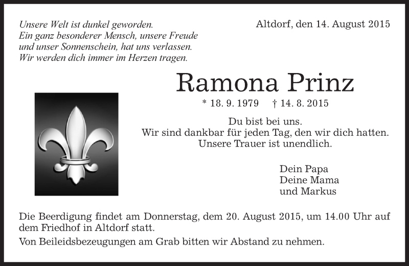  Traueranzeige für Ramona Prinz vom 18.08.2015 aus Kreiszeitung Böblinger Bote