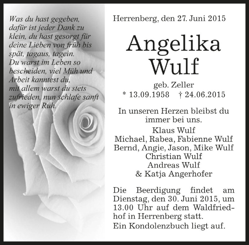  Traueranzeige für Angelika Wulf vom 26.06.2015 aus Böblinger Bote Trauer