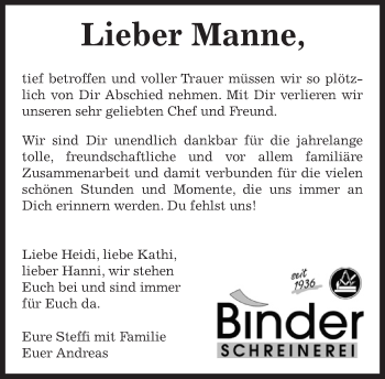 Traueranzeige von Manne  von Kreiszeitung Böblinger Bote