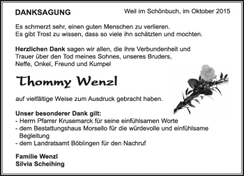 Traueranzeige von Tommy Wenzl von Kreiszeitung Böblinger Bote