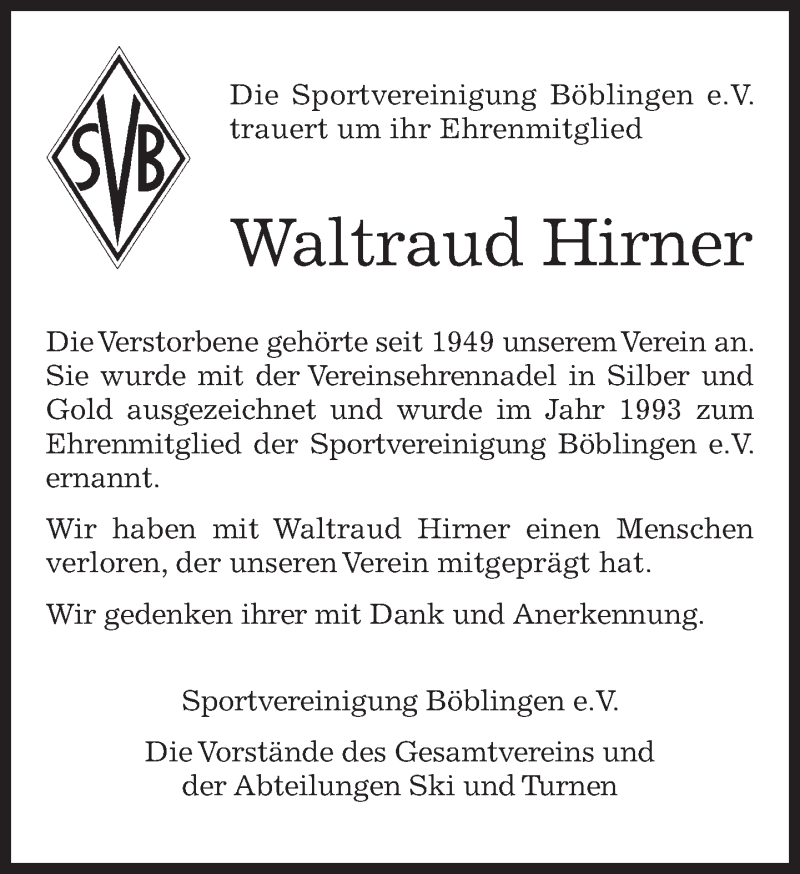  Traueranzeige für Waltraud Hirner vom 24.10.2015 aus Kreiszeitung Böblinger Bote