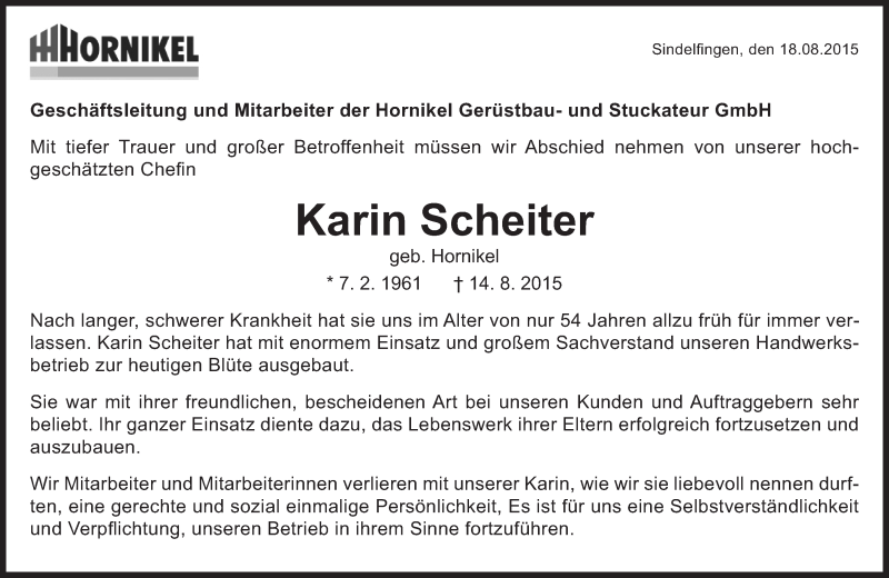  Traueranzeige für Karin Scheiter vom 18.08.2015 aus Kreiszeitung Böblinger Bote