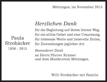 Traueranzeige von Paula Strohäcker von Kreiszeitung Böblinger Bote