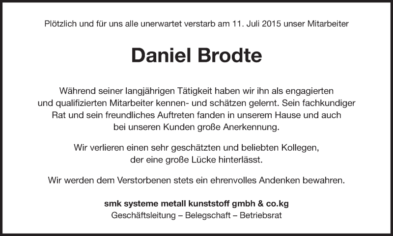  Traueranzeige für Daniel Brodte vom 17.07.2015 aus Kreiszeitung Böblinger Bote