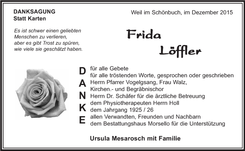  Traueranzeige für Frida Löffler vom 17.12.2015 aus Kreiszeitung Böblinger Bote