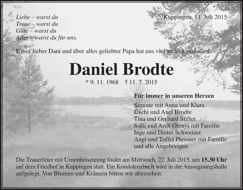  Traueranzeige für Daniel Brodte vom 17.07.2015 aus Kreiszeitung Böblinger Bote
