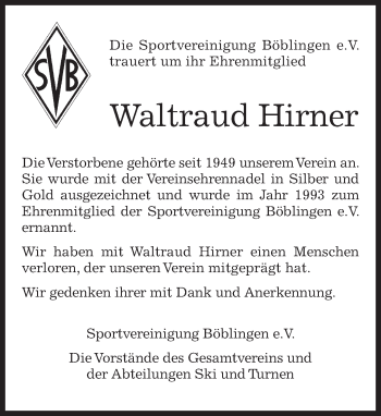 Traueranzeige von Waltraud Hirner von Kreiszeitung Böblinger Bote