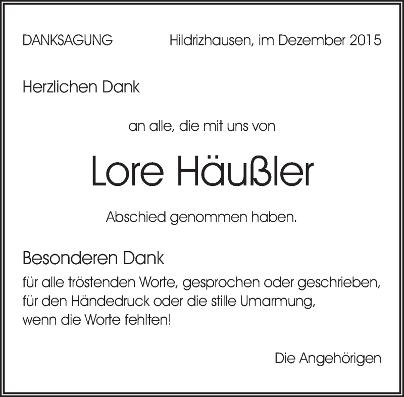 Traueranzeige für Lore Häußler vom 05.12.2015 aus Kreiszeitung Böblinger Bote
