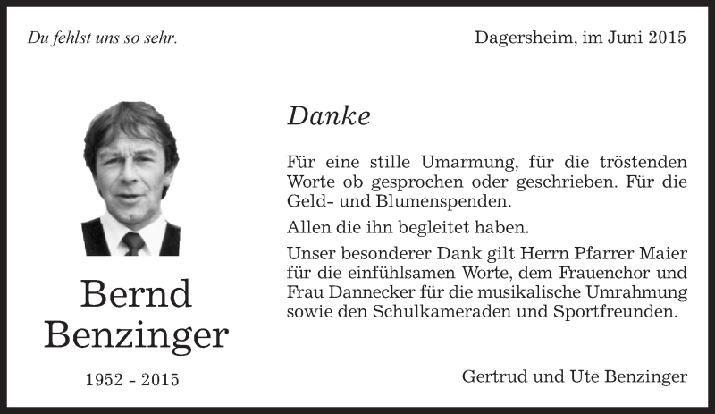  Traueranzeige für Bernd Benzinger vom 02.07.2015 aus Kreiszeitung Böblinger Bote