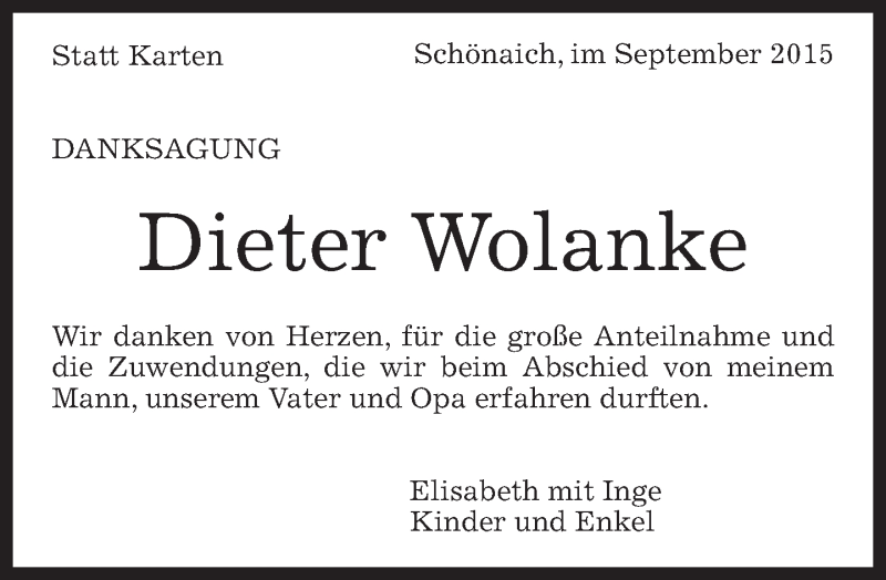  Traueranzeige für Dieter Wolanke vom 02.10.2015 aus Kreiszeitung Böblinger Bote