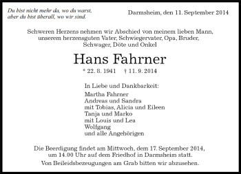 Traueranzeige von Hans Fahrner von Kreiszeitung Böblinger Bote