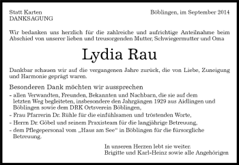 Traueranzeige von Lydia Rau von Kreiszeitung Böblinger Bote