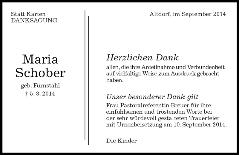  Traueranzeige für Maria Schober vom 20.09.2014 aus Kreiszeitung Böblinger Bote