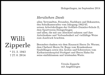 Traueranzeige von Willi Zipperle von Kreiszeitung Böblinger Bote