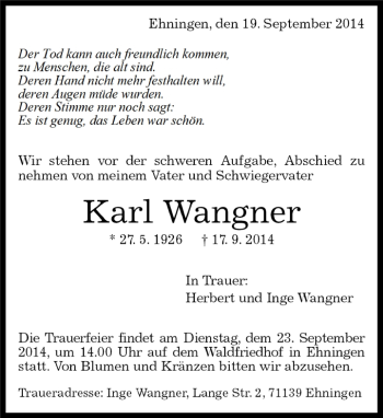 Traueranzeige von Karl Wangner von Kreiszeitung Böblinger Bote