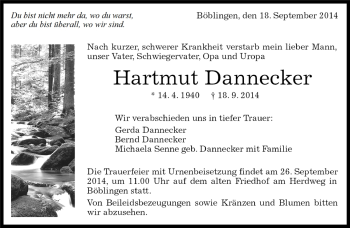 Traueranzeige von Hartmut Dannecker von Kreiszeitung Böblinger Bote