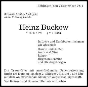 Traueranzeige von Heinz Buckow von Kreiszeitung Böblinger Bote