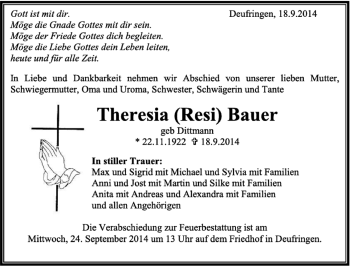 Traueranzeige von Theresia Bauer von Kreiszeitung Böblinger Bote