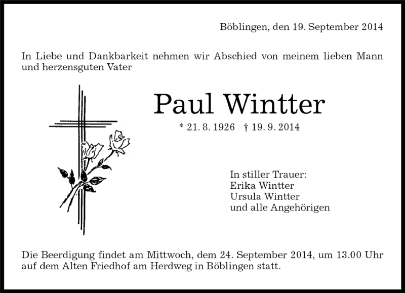  Traueranzeige für Paul Wintter vom 22.09.2014 aus Kreiszeitung Böblinger Bote