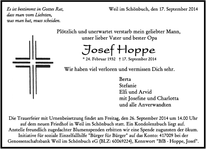  Traueranzeige für Josef Hoppe vom 23.09.2014 aus Kreiszeitung Böblinger Bote
