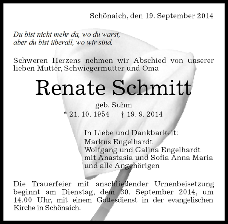 Traueranzeige für Renate Schmitt vom 25.09.2014 aus Kreiszeitung Böblinger Bote