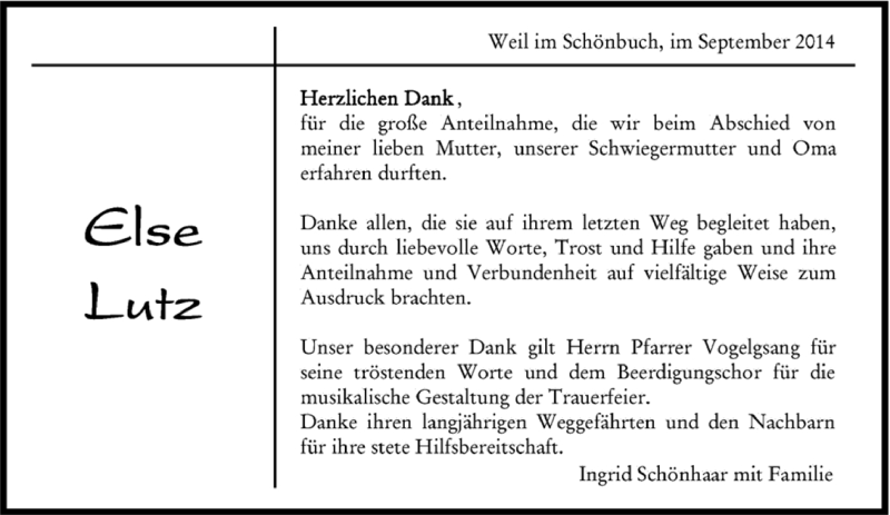  Traueranzeige für Elsa Lutz vom 25.09.2014 aus Kreiszeitung Böblinger Bote