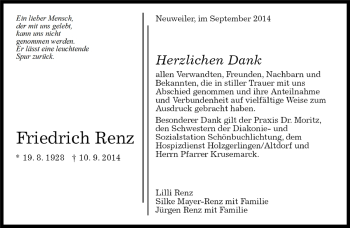 Traueranzeige von Friedrich Renz von Kreiszeitung Böblinger Bote