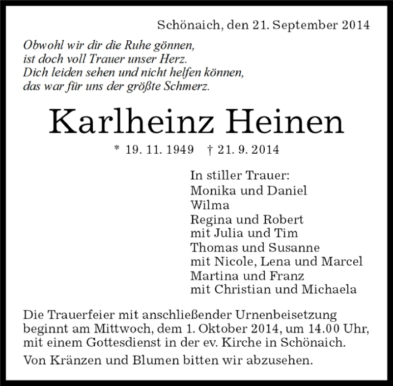  Traueranzeige für Karlheinz Heinen vom 25.09.2014 aus Kreiszeitung Böblinger Bote