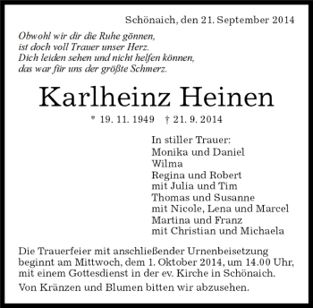 Traueranzeige von Karlheinz Heinen von Kreiszeitung Böblinger Bote