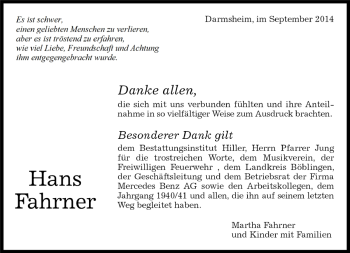 Traueranzeige von Hans Fahrner von Kreiszeitung Böblinger Bote