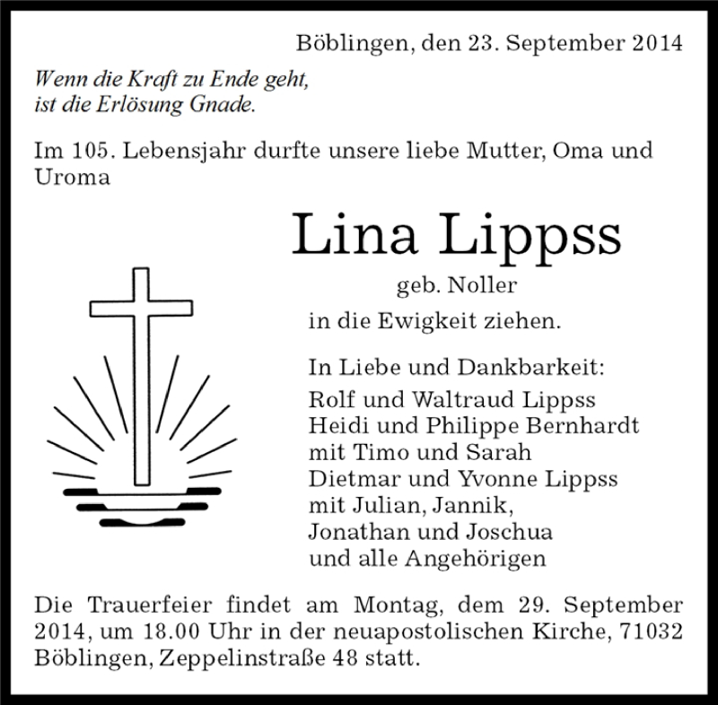  Traueranzeige für Lina Lippss vom 25.09.2014 aus Kreiszeitung Böblinger Bote