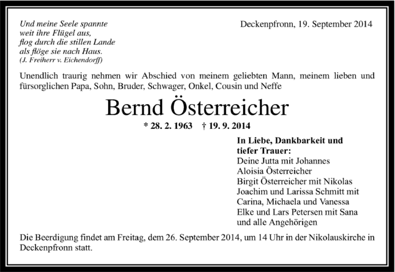  Traueranzeige für Bernd Österreicher vom 25.09.2014 aus Kreiszeitung Böblinger Bote