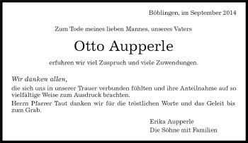 Traueranzeige von Otto  Aupperle von Kreiszeitung Böblinger Bote